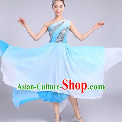 Traditional Chinese Modern Dance Yangge Fan Dance Costume, Chinese Classical Umbrella Dance Blue Dress Yangko Embroidery Clothing for Women