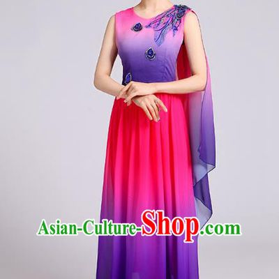 Traditional Chinese Modern Dance Yangge Fan Dance Costume, Chinese Classical Umbrella Dance Purple Dress Yangko Embroidery Clothing for Women