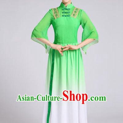 Traditional Chinese Yangge Fan Dance Costume, Chinese Classical Umbrella Dance Green Chiffon Uniform Yangko Embroidery Clothing for Women