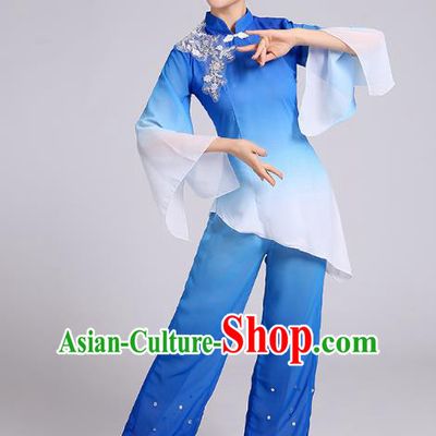 Traditional Chinese Yangge Fan Dance Costume, Chinese Classical Umbrella Dance Blue Chiffon Uniform Yangko Embroidery Clothing for Women
