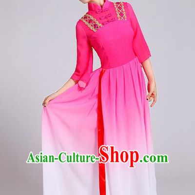 Traditional Chinese Yangge Fan Dance Costume, Chinese Classical Umbrella Dance Pink Chiffon Dress Yangko Embroidery Clothing for Women