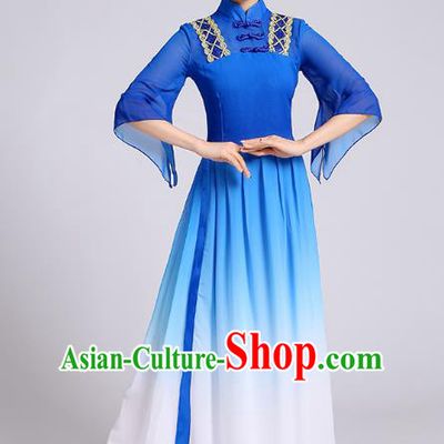 Traditional Chinese Yangge Fan Dance Costume, Chinese Classical Umbrella Dance Blue Chiffon Dress Yangko Embroidery Clothing for Women