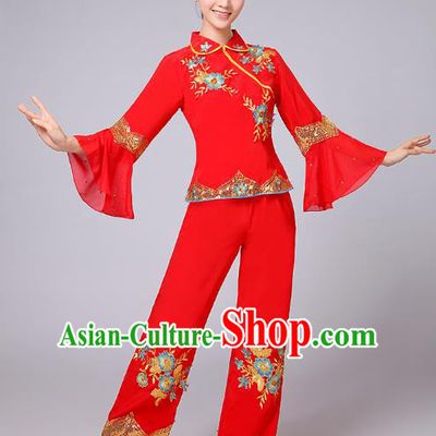 Traditional Chinese Folk Dance Costume Yangge Dance Red Mandarin Sleeve Uniform, Chinese Classical Fan Dance Umbrella Dance Yangko Embroidery Clothing for Women