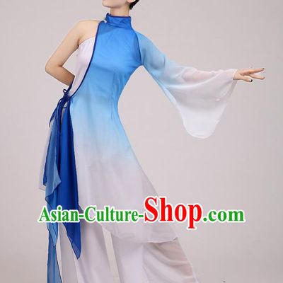 Traditional Chinese Folk Dance Costume Yangge Dance Blue Chiffon Uniform, Chinese Classical Fan Dance Umbrella Dance Yangko Embroidery Clothing for Women