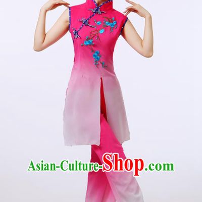 Traditional Chinese Folk Dance Costume Yangge Dance Pink Uniform, Chinese Classical Fan Dance Umbrella Dance Yangko Embroidery Cheongsam Clothing for Women