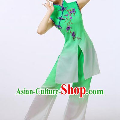 Traditional Chinese Folk Dance Costume Yangge Dance Green Uniform, Chinese Classical Fan Dance Umbrella Dance Yangko Embroidery Cheongsam Clothing for Women