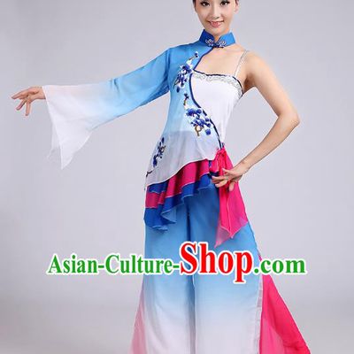 Traditional Chinese Folk Dance Costume Yangge Dance Uniform, Chinese Classical Fan Dance Umbrella Dance Yangko Embroidery Blue Clothing for Women