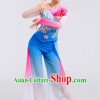 Traditional Chinese Folk Dance Costume Yangge Dance Blue Jasmine Flower Uniform, Chinese Classical Fan Dance Drum Dance Yangko Clothing for Women