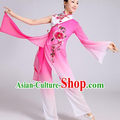Traditional Chinese Classical Dance Yangge Fan Dance Costume, Chinese Classical Umbrella Dance Pink Uniform Yangko Embroidery Clothing for Women
