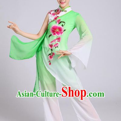 Traditional Chinese Classical Dance Yangge Fan Dance Costume, Chinese Classical Umbrella Dance Green Uniform Yangko Embroidery Clothing for Women