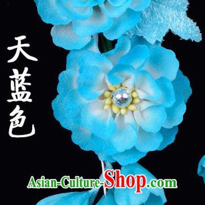 Traditional Beijing Opera Diva Hair Accessories Sky Blue Silk Flowers Hairpins, Ancient Chinese Peking Opera Hua Tan Hair Stick Headwear