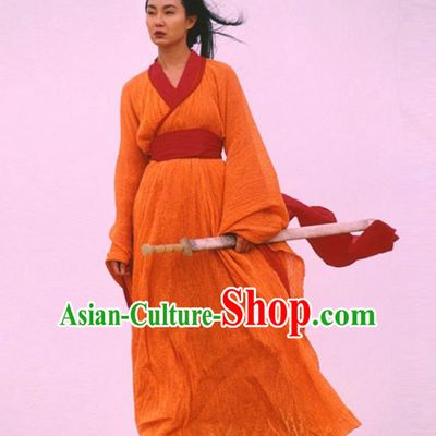 Traditional Chinese Ancient Female Swordsman Costume, Chinese Qin Dynasty Kawaler Hanfu Orange Dress Clothing for Women