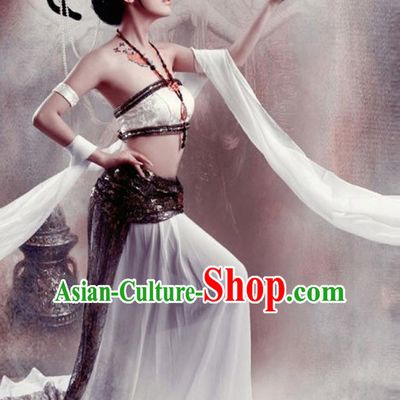 Traditional Ancient Chinese Dunhuang Flying Apsaras Dance White Costume, Elegant Hanfu Clothing Chinese Palace Lady Fairy Clothing for Women