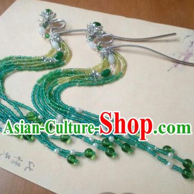 Traditional Chinese Ancient Classical Handmade Hair Accessories Barrettes Princess Green Palace Tassel Hairpin, Hanfu Step Shake Hair Fascinators Hairpins for Women