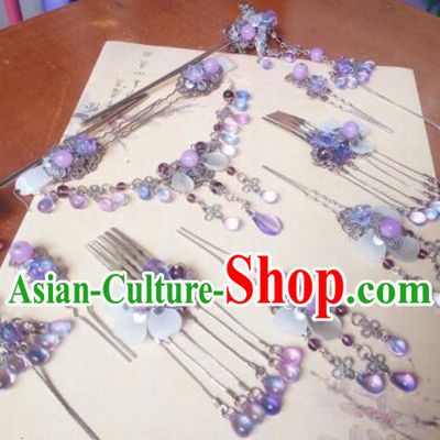 Traditional Chinese Ancient Classical Handmade Hair Accessories Complete Set Princess Purple Grass Tassel Hair Comb, Hanfu Step Shake Hair Fascinators Hairpins for Women