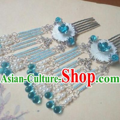 Traditional Chinese Ancient Classical Handmade Hair Accessories Blue Beads Tassel Hair Comb, Hanfu Hair Stick Hair Fascinators Hairpins for Women