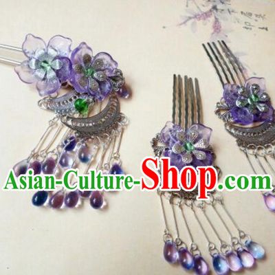 Traditional Chinese Ancient Classical Handmade Hair Accessories Purple Tassel Hair Comb Complete Set, Hanfu Hair Stick Hair Fascinators Hairpins for Women