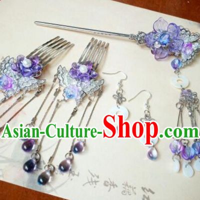 Traditional Chinese Ancient Classical Handmade Hair Accessories Purple Flowers Tassel Hair Comb Complete Set, Hanfu Hair Stick Hair Fascinators Hairpins for Women