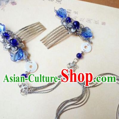 Traditional Chinese Ancient Classical Handmade Hair Accessories Barrettes Hairpin, Hanfu Blue Hair Comb Tassel Step Shake Hair Fascinators Hairpins for Women