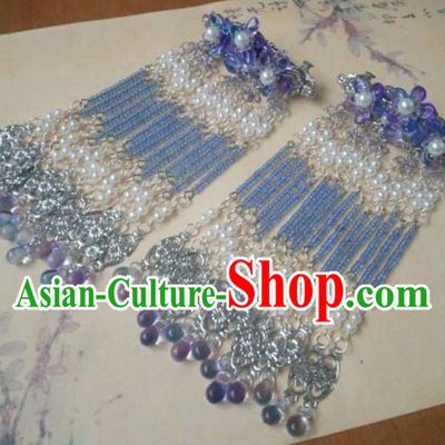 Traditional Chinese Ancient Classical Handmade Palace Lady Hairpin Hair Accessories, Hanfu Blue Tassel Hair Comb Hair Fascinators Hairpins for Women
