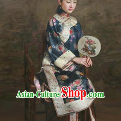 Traditional Ancient Chinese Republic of China Peeresses Costume Navy Xiuhe Suit, Elegant Hanfu Clothing Chinese Qing Dynasty Nobility Dowager Clothing for Women