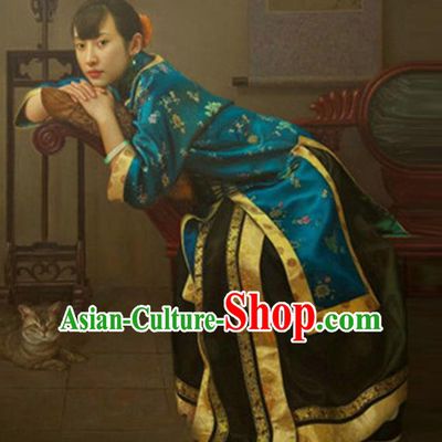 Traditional Ancient Chinese Republic of China Peeresses Costume Blue Xiuhe Suit, Elegant Hanfu Clothing Chinese Qing Dynasty Nobility Dowager Clothing for Women