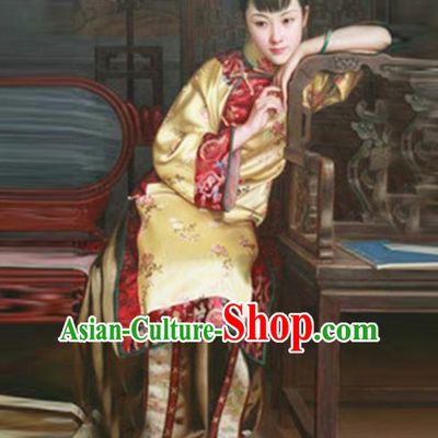 Traditional Ancient Chinese Republic of China Peeresses Costume Yellow Xiuhe Suit, Elegant Hanfu Clothing Chinese Qing Dynasty Nobility Dowager Clothing for Women