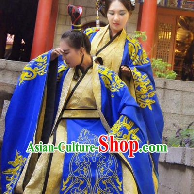Traditional Ancient Chinese Imperial Emperor and Empress Wedding Costume Complete Set, Elegant Hanfu Clothing Chinese Han Dynasty Bride and Bridegroom Embroidered Blue Clothing