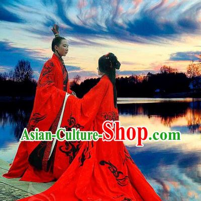 Traditional Ancient Chinese Imperial Emperor and Empress Wedding Red Costume Complete Set, Elegant Hanfu Clothing Chinese Han Dynasty Bride and Bridegroom Embroidered Clothing