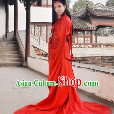 Traditional Ancient Chinese Imperial Empress Wedding Red Costume Complete Set, Elegant Hanfu Chinese Han Dynasty Princess Embroidered Clothing