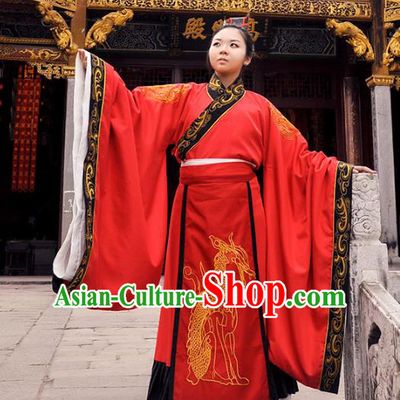 Traditional Chinese Han Dynasty Imperial Emperor Costume Wedding Red Robe, Elegant Hanfu Chinese Majesty Bridegroom Embroidered Clothing for Men