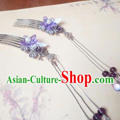 Traditional Chinese Ancient Classical Handmade Palace Princess Purple Flower Hair Accessories, Hanfu Tassel Hair Stick Hair Fascinators Hairpins for Women