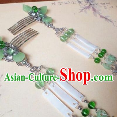 Traditional Chinese Ancient Classical Handmade Palace Princess Green Jade Hair Comb Hair Accessories, Hanfu Tassel Hair Stick Hair Fascinators Hairpins for Women
