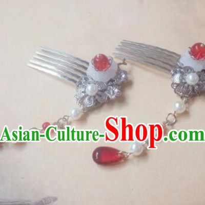 Traditional Chinese Ancient Classical Handmade Palace Princess Hair Accessories, Hanfu Red Bead Tassel Step Shake Hair Stick Hair Fascinators Hairpins for Women