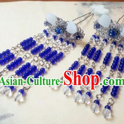 Traditional Chinese Ancient Classical Handmade Palace Princess Hair Claw Hair Accessories, Hanfu Blue Bead Tassel Step Shake Hair Stick Hair Fascinators Hairpins for Women