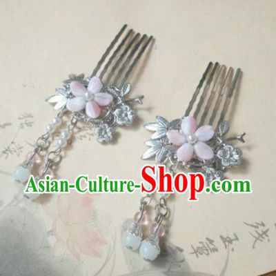Traditional Handmade Chinese Ancient Classical Palace Lady Hair Accessories Tassel Hair Comb, Hair Fascinators Pink Hairpins for Women