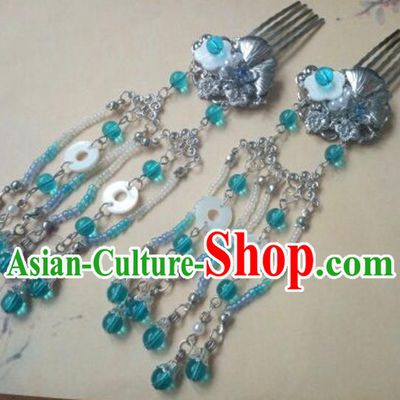 Traditional Handmade Chinese Ancient Classical Palace Lady Hair Accessories Hanfu Blue Tassel Hair Comb, Hair Fascinators Hairpins for Women