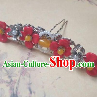 Traditional Handmade Chinese Ancient Classical Palace Lady Hair Accessories Hanfu Red Flower Hair Comb, Hair Fascinators Hairpins for Women