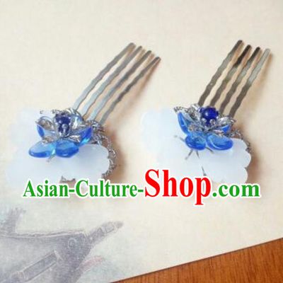 Traditional Handmade Chinese Ancient Classical Hanfu Hair Accessories, Princess Blue Flower Hairpins Hair Comb Headwear for Women