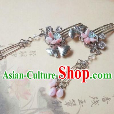 Traditional Handmade Chinese Ancient Classical Hanfu Hair Accessories Step Shake, Princess Pink Flower Tassel Hairpins Hair Comb Headwear for Women