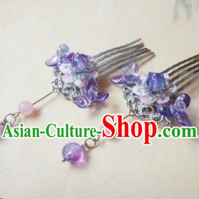 Traditional Handmade Chinese Ancient Classical Hanfu Hair Accessories Step Shake, Princess Purple Hairpins Hair Comb Headwear for Women