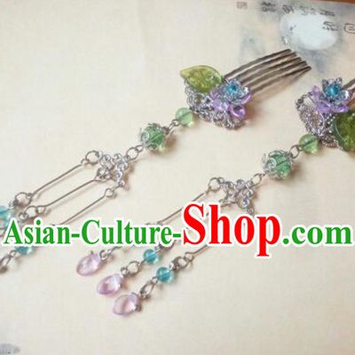 Traditional Handmade Chinese Ancient Classical Hanfu Hair Accessories Step Shake, Princess Hairpins Tassel Coloured Glaze Hair Comb Headwear for Women