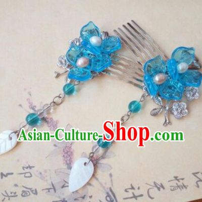 Traditional Handmade Chinese Ancient Classical Hanfu Hair Accessories Hair Comb, Princess Hairpins Blue Step Shake Headwear for Women