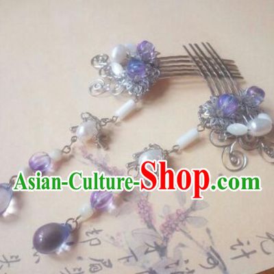 Traditional Handmade Chinese Ancient Classical Hanfu Hair Accessories Palace Lady Purple Tassel Step Shake, Princess Hairpins Hair Comb Headwear for Women