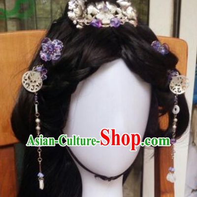 Traditional Handmade Chinese Ancient Classical Hanfu Hair Accessories Hair Comb Complete Set, Princess Palace Lady Tassel Step Shake Hairpins Headwear for Women