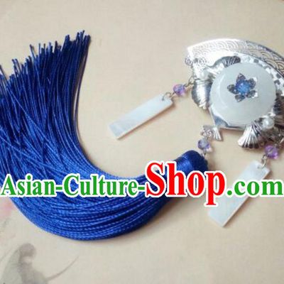 Traditional Handmade Chinese Ancient Classical Hanfu Hair Accessories Fan Jade Hair Claw, Princess Palace Lady Blue Tassel Step Shake Hairpins Headwear for Women