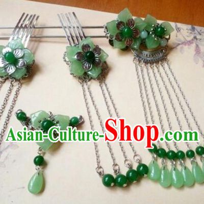 Traditional Handmade Chinese Ancient Classical Hair Accessories Green Jade Tassel Hairpin Complete Set Headwear Hair Stick for Women