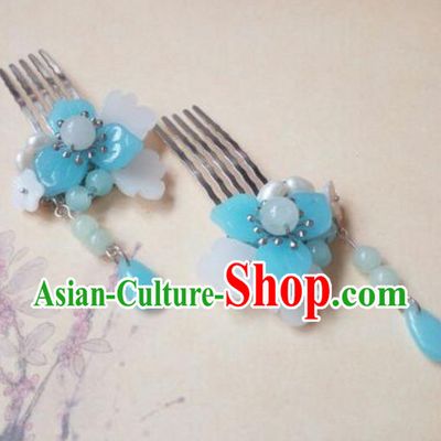 Traditional Handmade Chinese Ancient Classical Hair Accessories Tassel Hairpin Blue Beads Hair Comb Headwear Hair Stick for Women