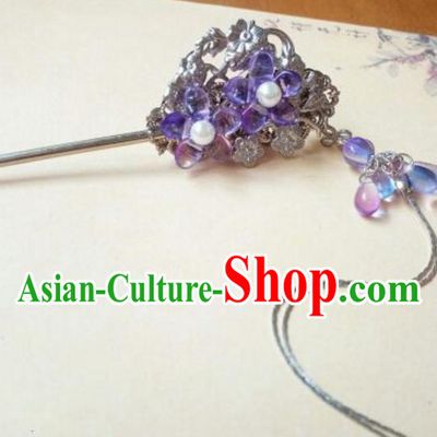 Traditional Handmade Chinese Ancient Classical Hair Accessories Purple Coloured Glaze Hairpins Tassel Step Shake for Women
