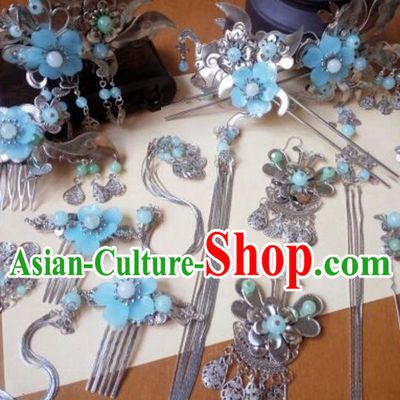 Traditional Handmade Chinese Ancient Classical Hair Accessories Hairpins Complete Set Blue Flower Tassel Hair Comb for Women